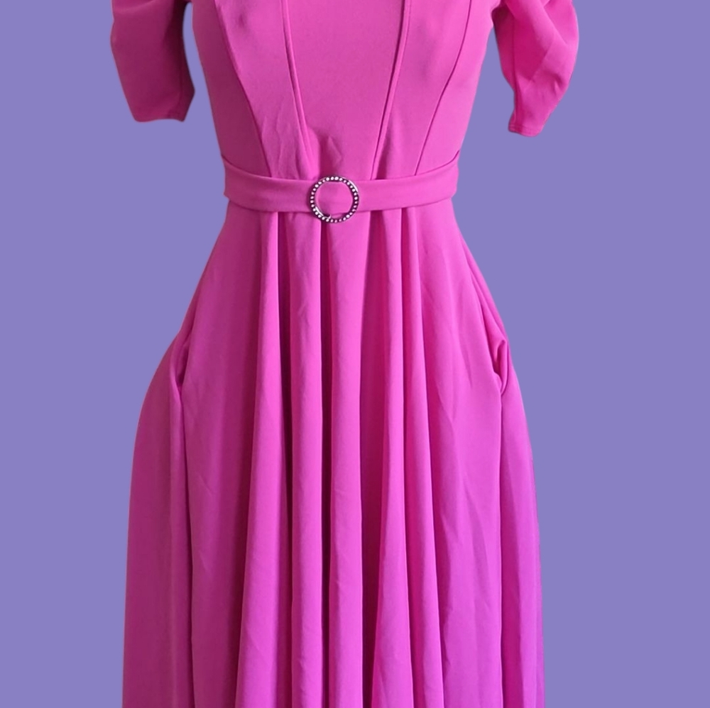 Pink A-line Dress with Square Neck and Puff Sleeves
